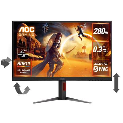 Изогнутый игровой монитор AOC 27 Full AMD FreeSync Premium height Blue light HDR10 3 года гарантии дюймов, HD@280Гц/240Гц, 1500R, 0,3мс(МПРТ), совместимый,