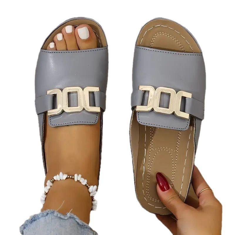 Slope Heel Thick Soled Slippers for Women, Plus Size Casual and Fashionable Simple Metal Buckle Fish Mouth Sandals