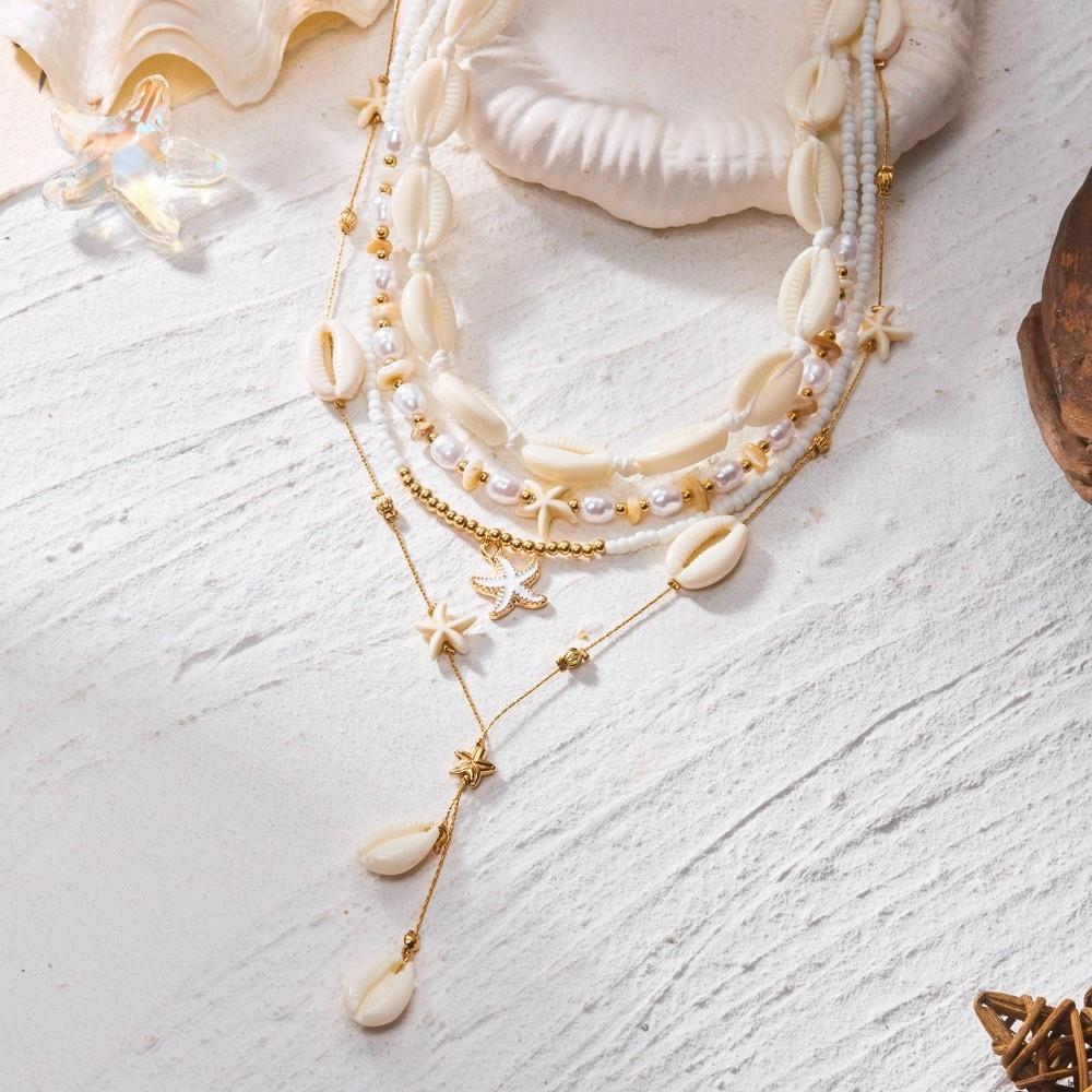 4Pcs/Set Vintage Boho Starfish Pendant Necklace Imitation Pearl Beads Clavicle Chain Multilayer Shell Choker Jewelry