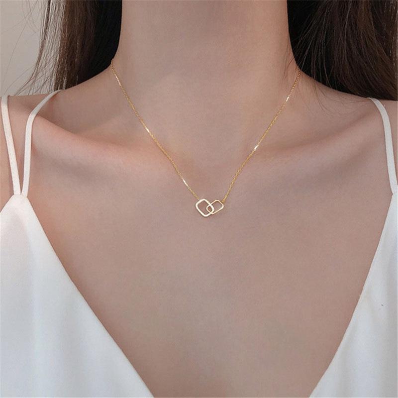Necklace Geometric Interlocking Square Shiny Clavicle Chain Women