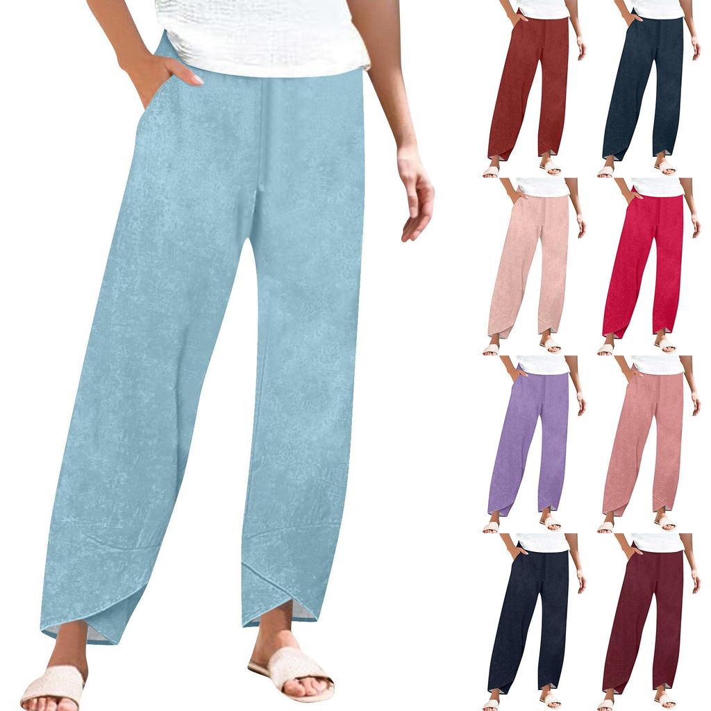 Брюки женские летние повседневные широкие брюки с эластичной резинкой на талии и карманами