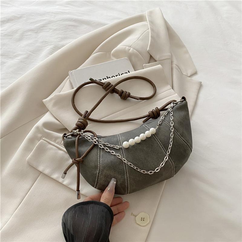 Denim bag bag women's 2025 summer new women's bag niche pearl chain armpit bag one-shoulder crossbody dumpling bag