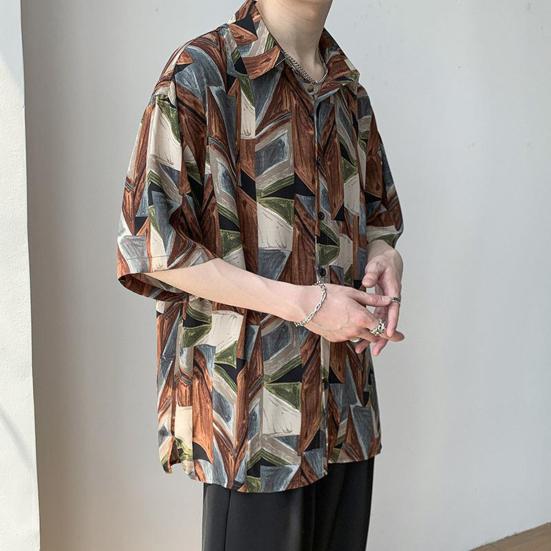 Мужская пляжная рубашка с короткими рукавами, насыщенные цвета, винтажные Гавайские свободные брюки, однобортный отложной воротник, мужская рубашка для отпуска, мужская одежда