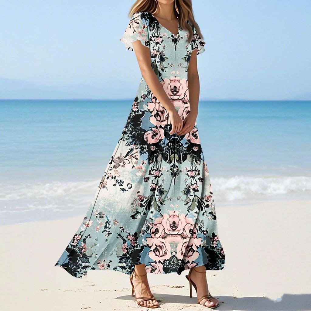 Women's Casual Fashion Print Long Dresses V-Neck Short Sleeve Dresses