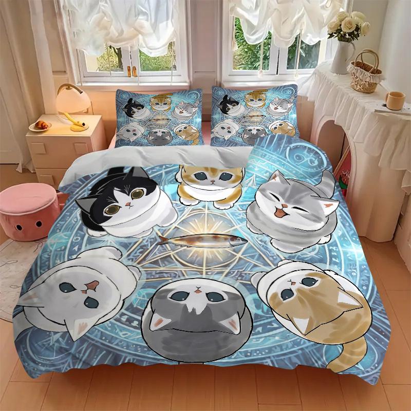 3pcs Six Cute Kittens Quilt Set - Soft and Comfortable Bedroom, Guest Room and Dorm Decor Bedding Set 1 Quilt Cover + 2 Pillowcases.L096