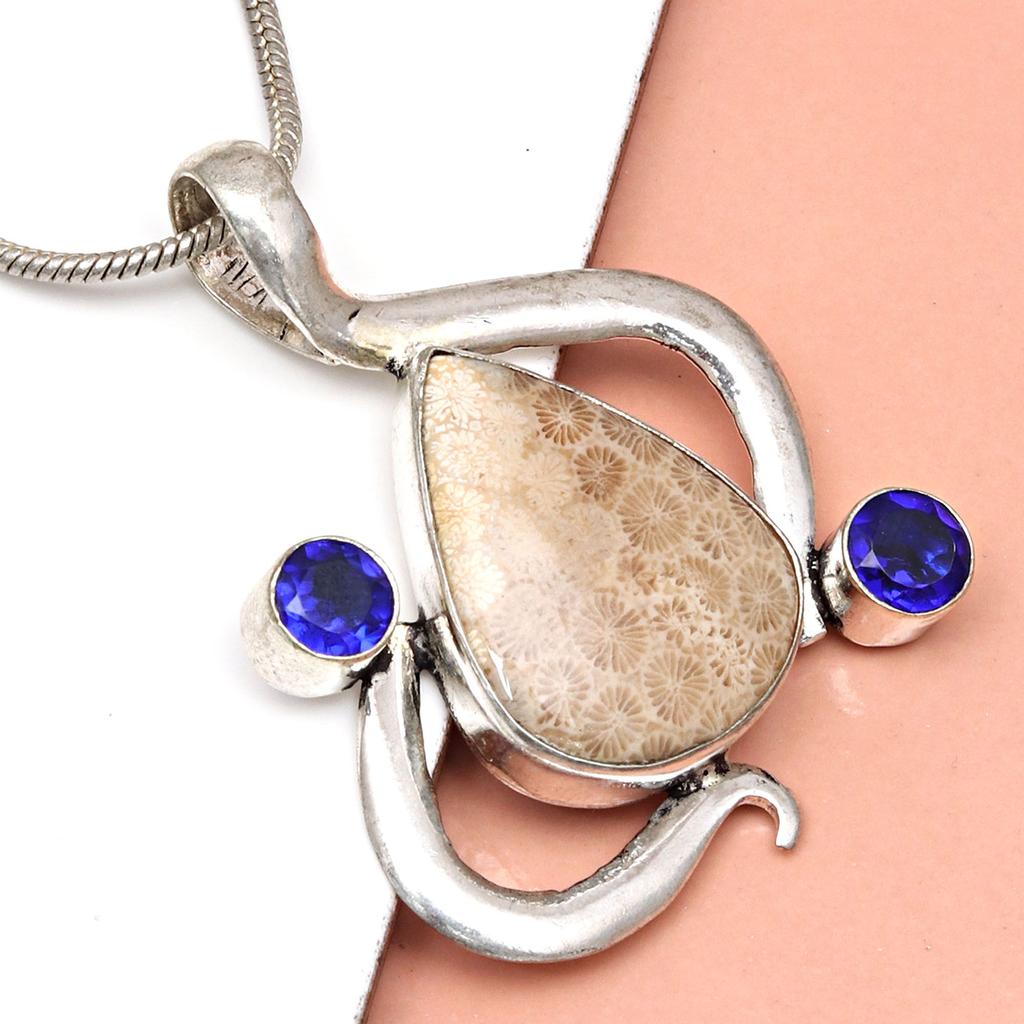 Fossil Coral Tanzite Gemstone Mother's Day Silver Jewelry Pendant  1.75"