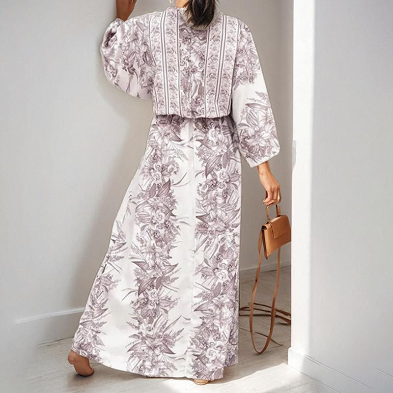 Весна Новое Для женщин Винтажный Принт Темперамент Элегантное Платье с V-образным вырезом и завязками