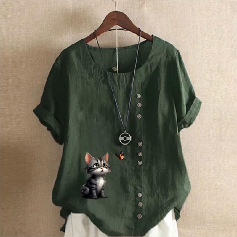 Women's Fashion Cat Prined Short Sleeve T-shirt Loose Cotton Shirt Casual Loose Summer Blouse Tops Plus Size