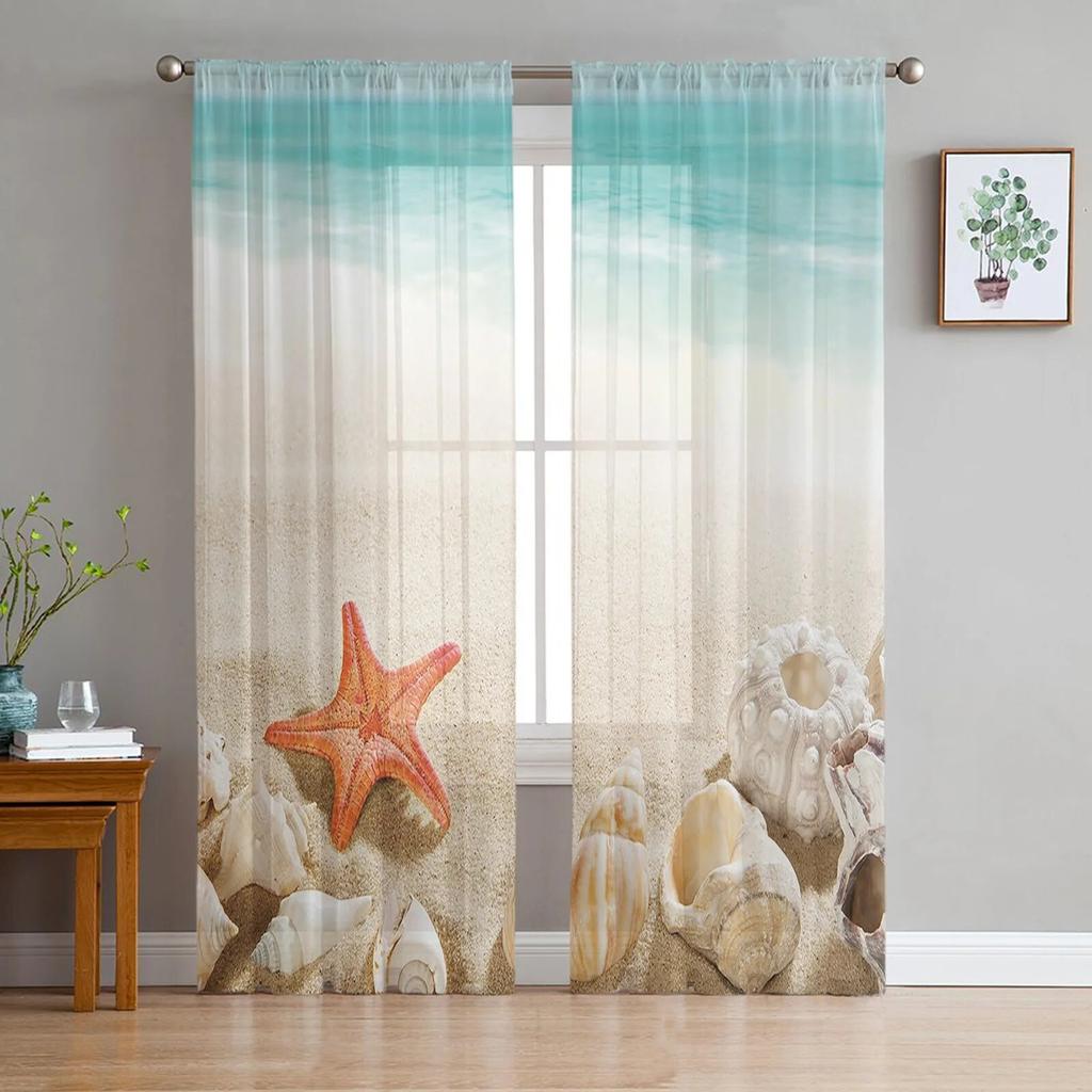 Modern Sheer Curtains Summer Beach Palm Trees Living Room Kitchen Children's Room Decoration Household Chiffon Window Curtains