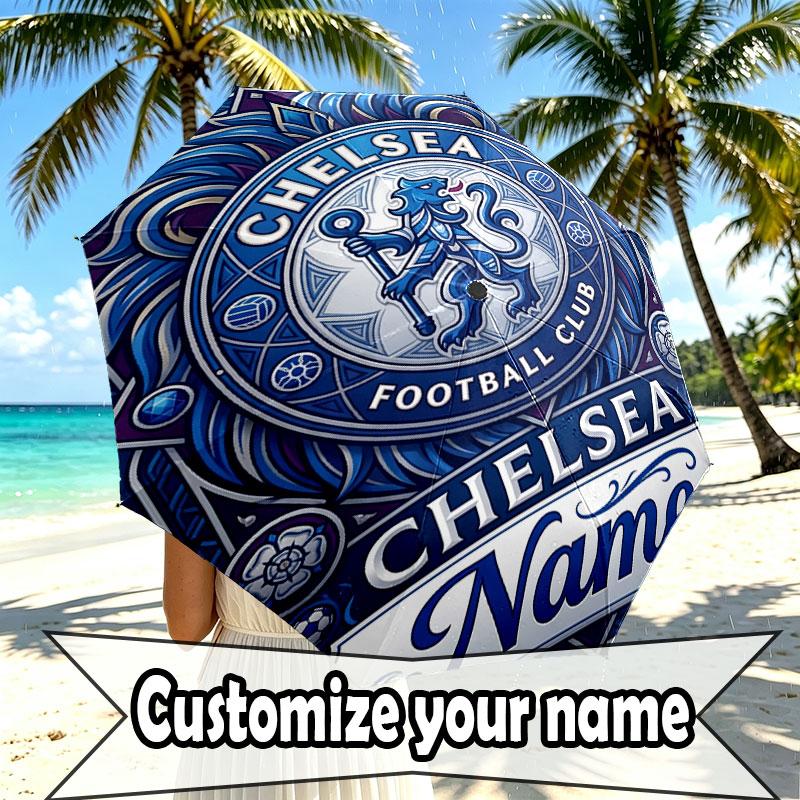 Custom Name Personalized Chelsea Football Club Print Umbrella, Auto Open Close, 8‑Rib Sturdy Frame, Commute Camping Hiking Use, Birthday Gift