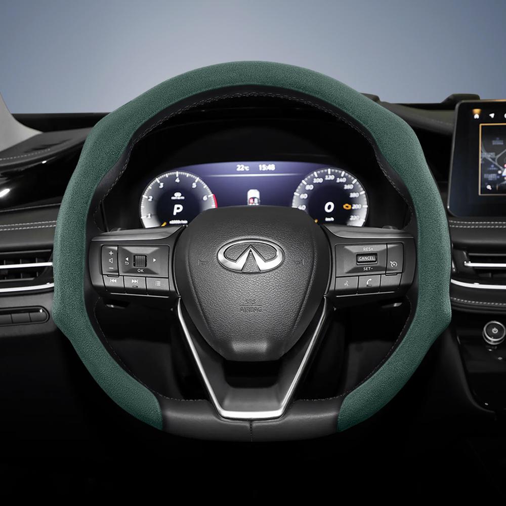 bpzsw1 Suitable for Infiniti Premium Suede Snap-On Steering Wheel Cover, Non-Slip and Durable, Available for Round and D-Shaped