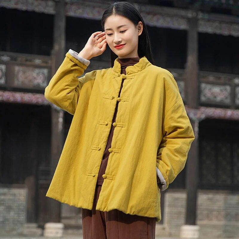 Johnature Женская утолщенная теплая хлопковая одежда, винтажные свободные однотонные пальто со стойкой и длинными рукавами, зимние парки в китайском стиле