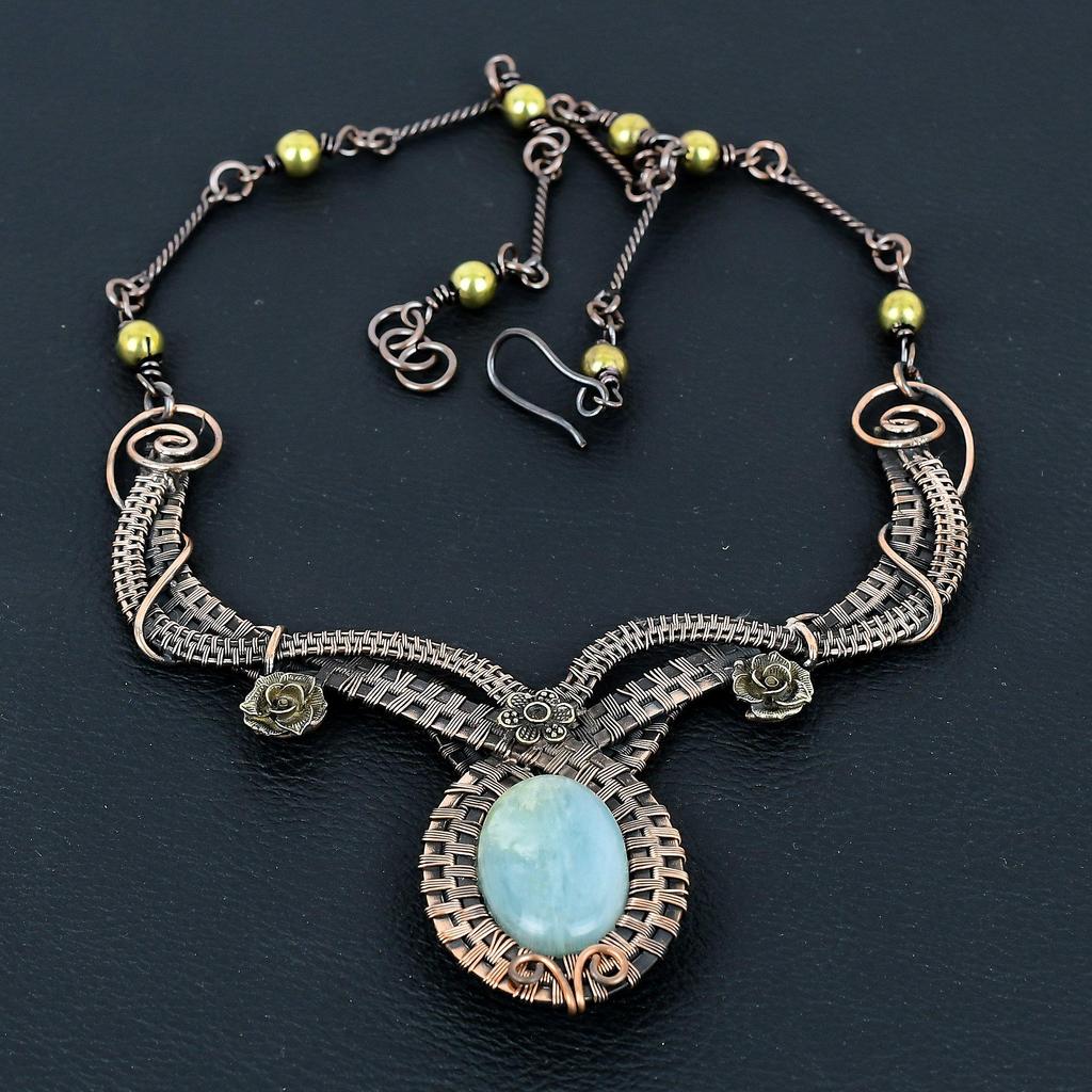 Ожерелье Аквамарин Ручная работа Ювелирные изделия, Ожерелье, обернутое медной проволокой 999 пробы, Дизайнерские ювелирные изделия с драгоценными камнями, Ожерелье с регулируемой цепочкой, Подарок для мамы