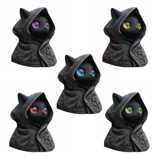 Hooded Cat Statue Resin Mysterious Black Cat Figurine Gothic Tabletop Mini Cat Sculpture Halloween Decoration Gift for Cat Lovers