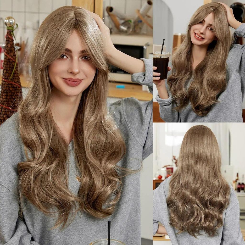 LOUIS FERRE Черные волнистые синтетические парики для женщин, натуральные длинные волосы с челкой, парик из термостойкого волокна для ежедневного использования