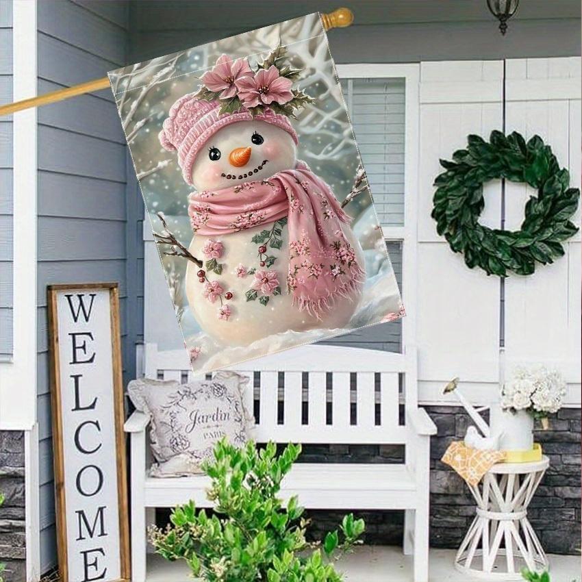 Charming Pink Scarf Snowman Double-Sided Garden Flag , Durable Polyester, Perfect for Outdoor & Yard Decor