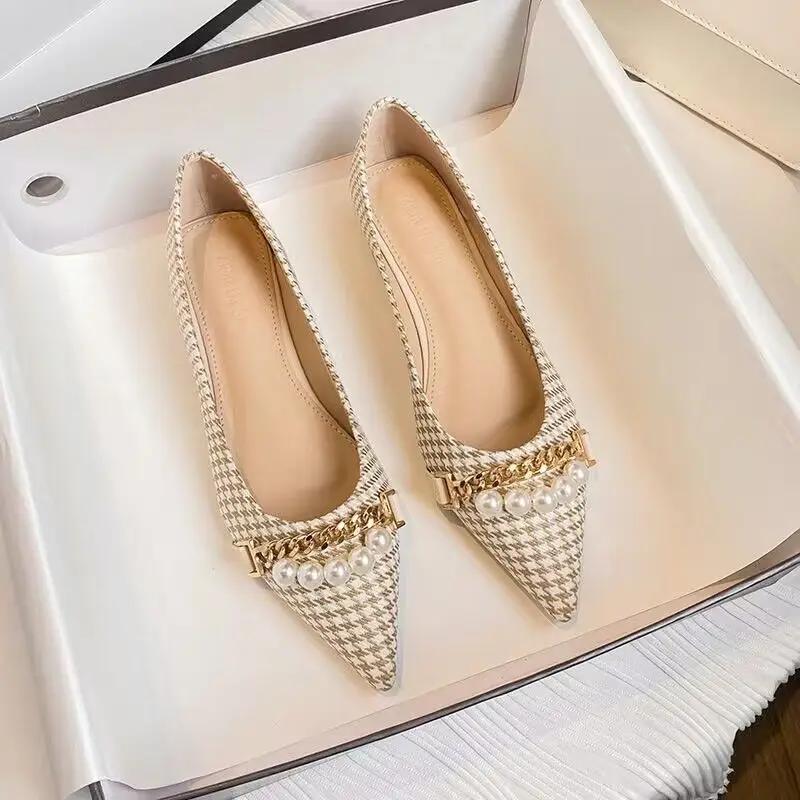 Fashion Office Pearl Chain Gingham Flat Pointed Toe Women's Shoes Ladies Footwear Flats Non Slip Korean Style Y2k Lastest On Spring Sale