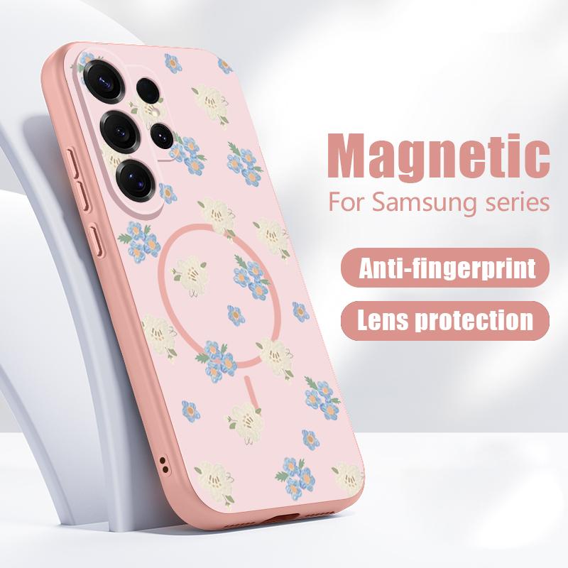 Магнитный Чехол Для Magsafe Для Samsung Galaxy S26 Ultra S25 Edge S24 Plus S23 FE S22 A54 A55 A56 5G Синий Цветочный Узор Матовый Чехол