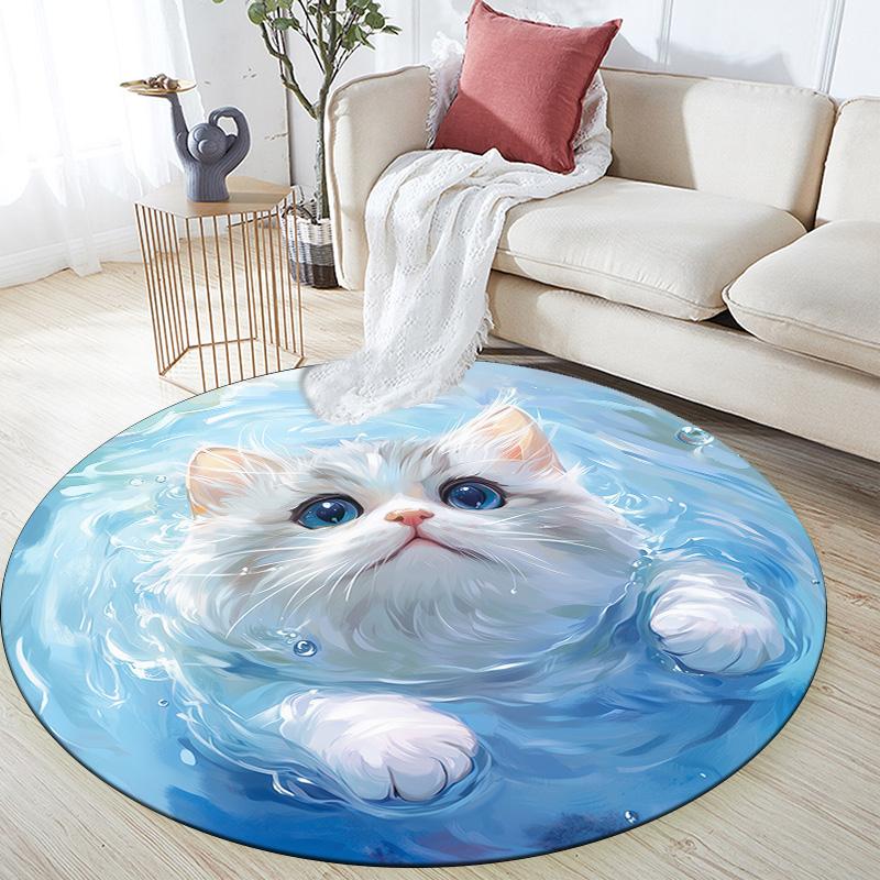 Кошка с рябью на воде, Круглый ковер, Ковер для гостиной, спальни, дивана, игровой комнаты, Декор, Нескользящий коврик для пола