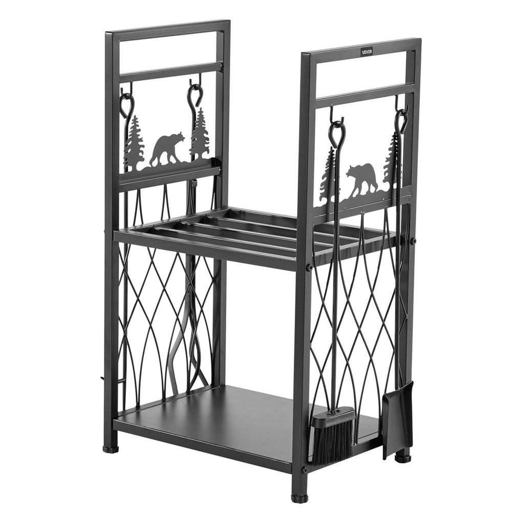 Indoor Firewood Rack, 45.5cm 2-Tier Firewood Holder with Fireplace Tools, Brush, Shovel, Poker, Tongs, Heavy Duty Log Wood Rack, 400 lbs Weight