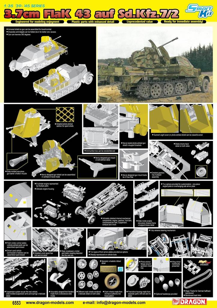 Комплект пластиковых моделей немецкой армейской бронированной 8-тонной полугусеничной пушки FlaK 43 CH6553 1/35 Sd.Kfz.7/2 3,7 см зенитная установка