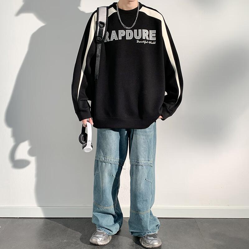 Dingfengbaoluo American-Style Sweatshirt for Men, Spring Vintage Long-Sleeve T-Shirt, Trendy Color-Block Patchwork, Loose Round Neck