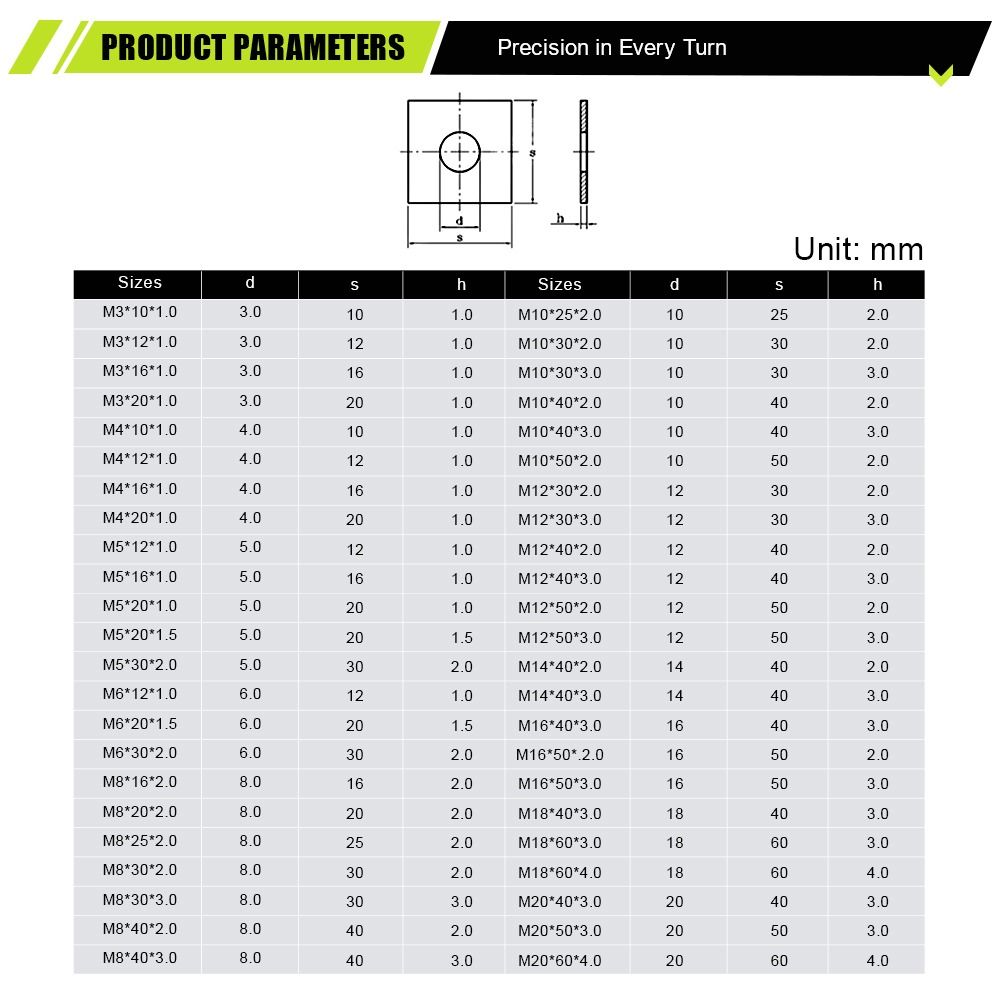 10Pcs M3-M20 Square Flat Washer Square Design Square Gasket for Construction Machinery