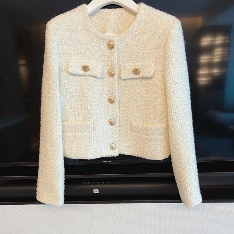Весенне-осенний женский шикарный твидовый пиджак в корейском стиле с коротким шерстяным топом