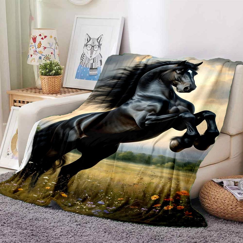 1pc Black Stallion Horse Blanket Lightweight Flannel Blanket Throw Blanket For Sofa, Bed, Travel, Camping, Livingroom, Office, Couch, Chair, And Bed y