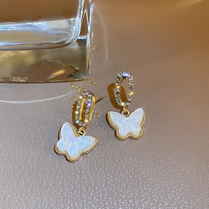 Silver Needle Korean Style Zircon Shell Butterfly Stud Earrings, Mori Ins Niche Simple Cute Super Fairy Earrings for Women