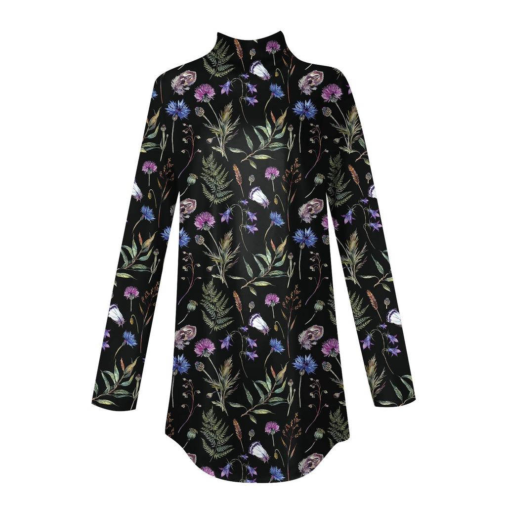 Женская свободная футболка с высоким воротом и длинными рукавами с цветочным принтом в стиле ретро, топ-пуловер