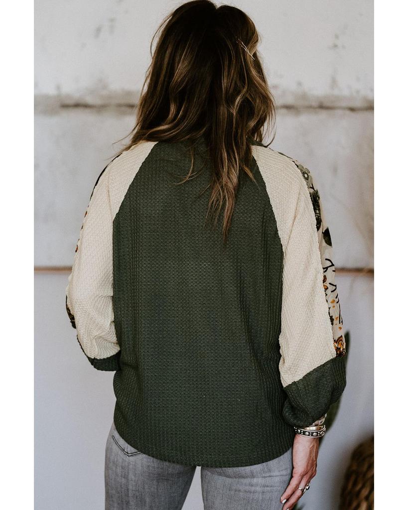 Azura Exchange Green Plus Size Floral Raglan Colorblock Patchwork Knit Blouse