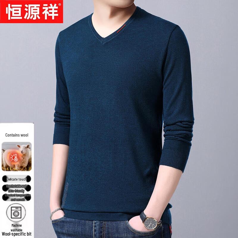 Hengyuanxiang Men's V-Neck Solid Color Wool Blend Long Sleeve Sweater