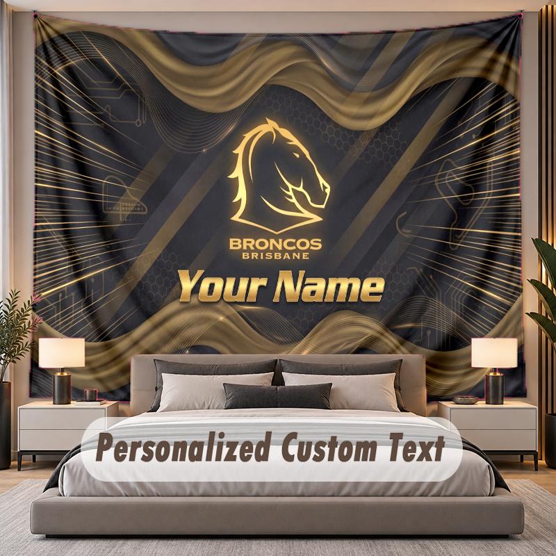 Custom Name Text Tapestry Brisbane Broncos Personalized Polyester Wall Tapestry For Bedroom And Room