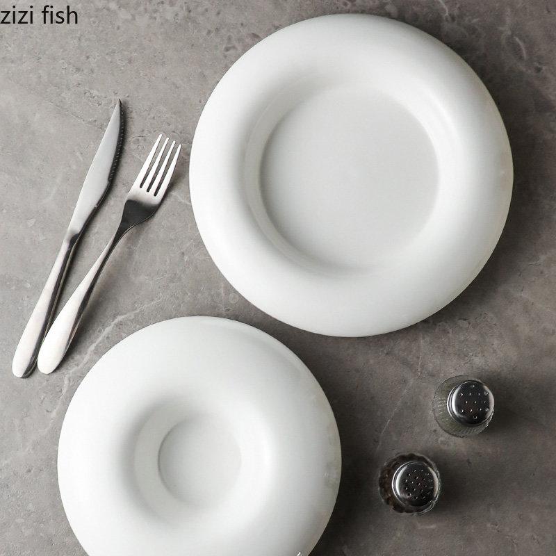 Creative Round Ceramic Pasta Ramen Bowls Fruit Salad Plate Restaurant Solid Color Tableware Soup Pots Dinner Plates Dessert Bowl