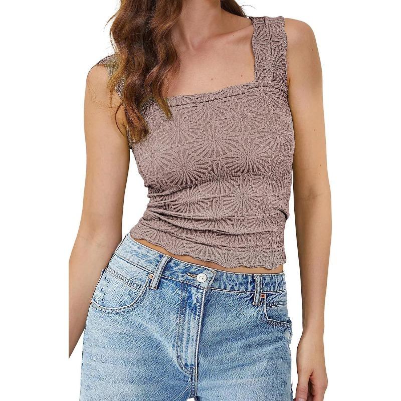 Summer Women's High Stretch Skinny Jacquard Square Neck Sleeveless Vest Women's Tops