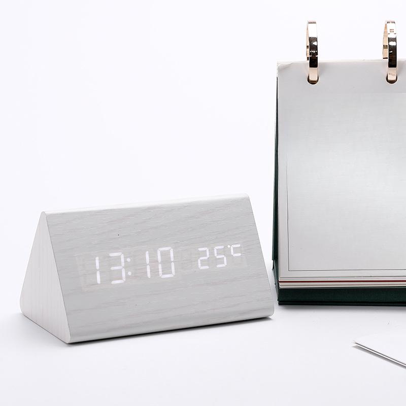 Wooden Clock Thermometer Electronic Clock Creative Wooden Student Alarm Clock Triangle Digital Clock