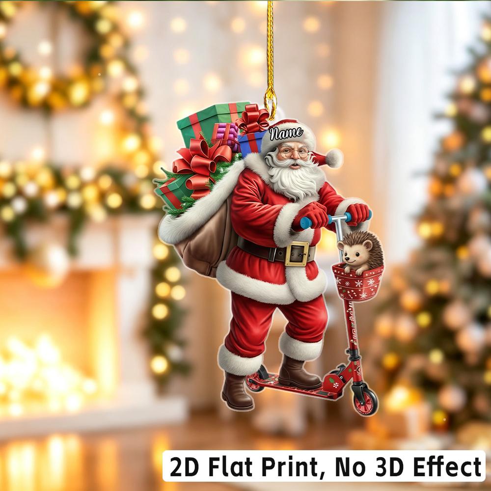 2D Flat‑Custom Name Irregular Acrylic Ornament,Santa Riding Scooter Pattern Xmas Tree Hanging Pendant Holiday Gift
