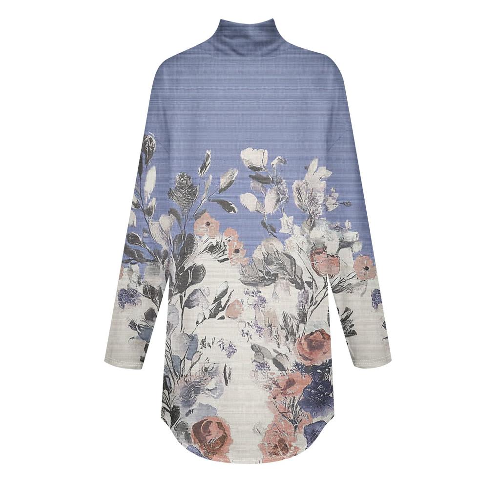 Women's Fashionable Casual High Neck Printed Long Sleeve T-Shirt Pullover Top