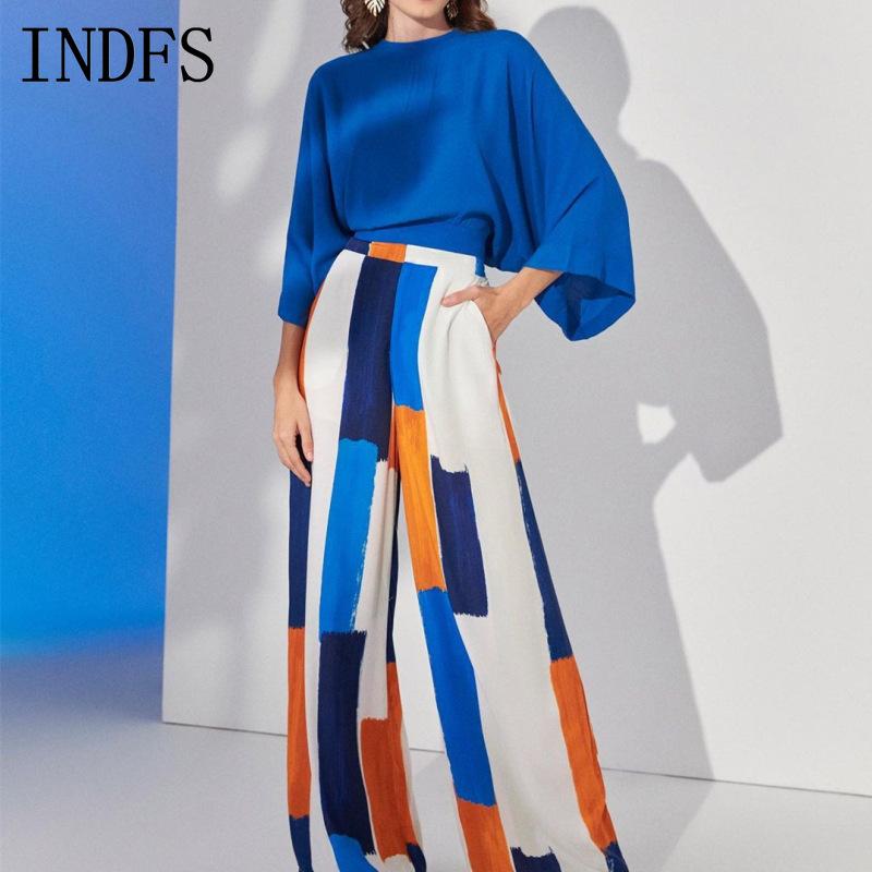 INDFS Женская мода Повседневная Весна Осень Цветные Блоки Принт Длинные Рукава О-Образный Вырез Блузки и Рубашки Брюки Костюмы