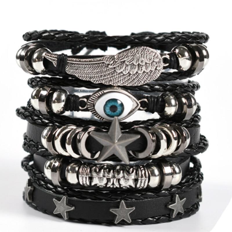 Eif Dock Vinatge Gothic Punk Skull Star Metal Multilayer Leather Bracelet Men Bracelets & Bangles Male Arm Jewelry