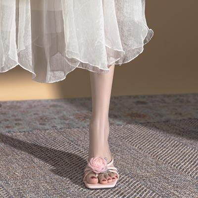 2025 новые милые тапочки с камелией в китайском стиле, римские тонкие ремешки, квадратный носок, закрытый носок, босоножки на высоком каблуке для женщин