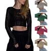 Women Crop Top Shiny Sequin O Neck Long Sleeves Waist-exposed Soft Pullover Stage Show Performance Club Party Lady Top