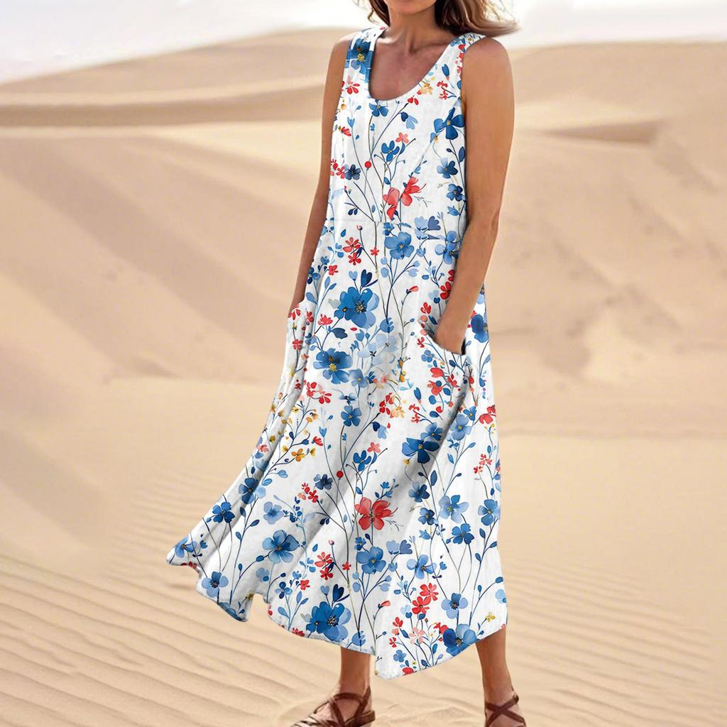 Women's Summer Casual Fashion Flower Printed Sleeveless Pocket Dress