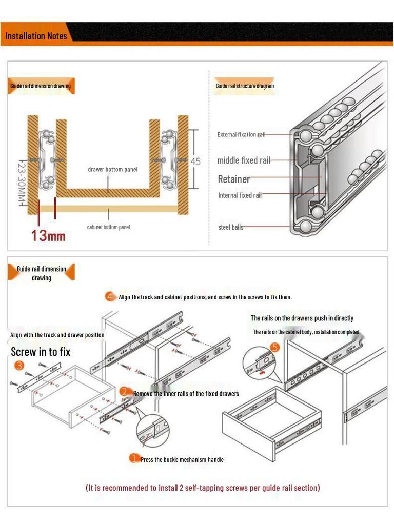 Бесшумные очень толстые направляющие для ящиков из нержавеющей стали с демпфированием отскока
