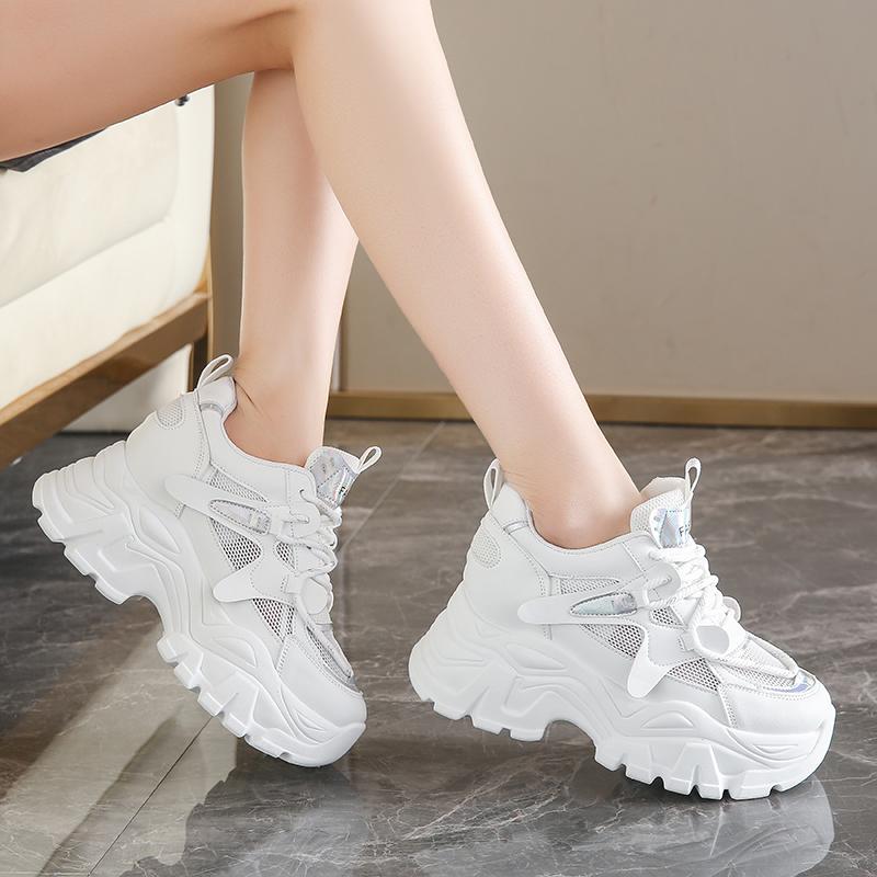 Модные дышащие сетчатые кроссовки на платформе женские весенние на толстой подошве нескользящие повседневные туфли женские на шнуровке на массивной подошве спортивная обувь женская