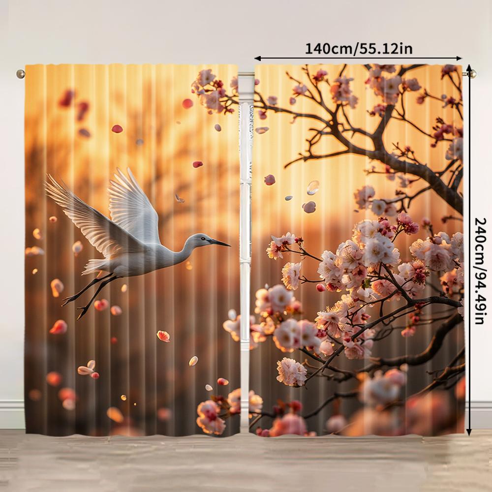 2pcs, 2D flat Window Curtains Cherry Blossom and White Crane Retro Light Filter Spring Party & Holiday Decor Perfect for Holiday