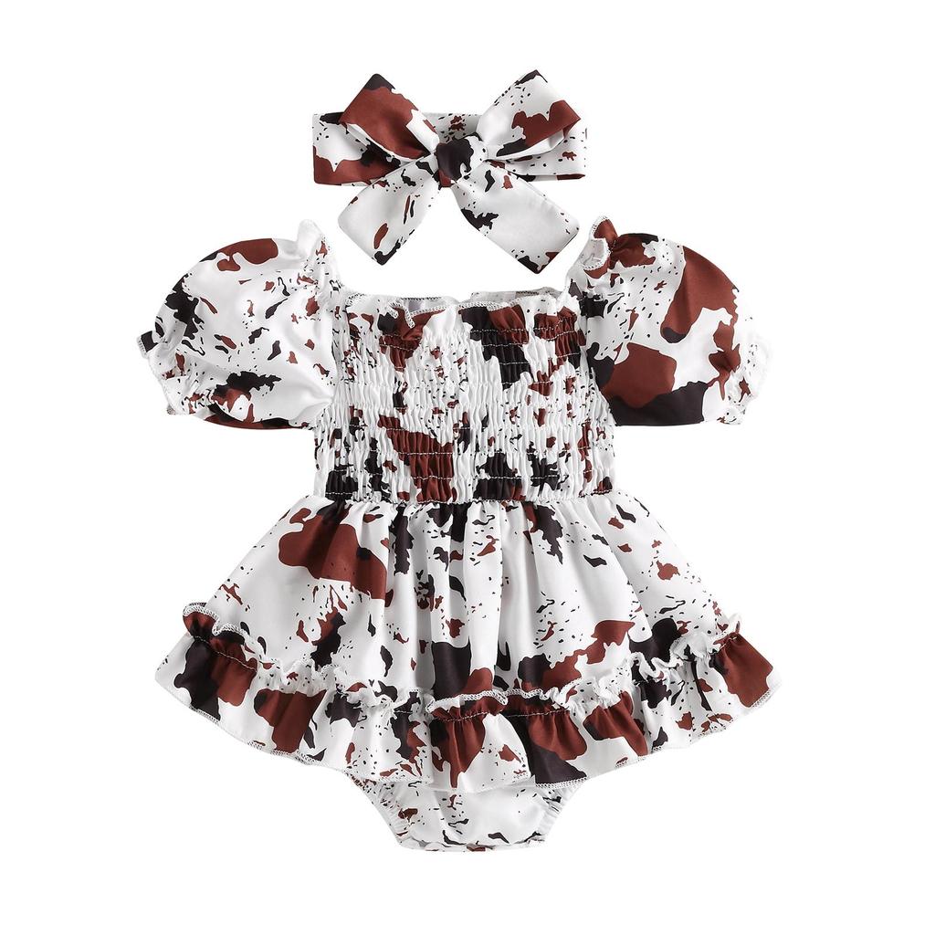 Baby Girls Romper Set, Short Sleeve Off-shoulder Spots Printed Dress with Headband for Toddlers