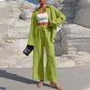 Women's Fashion Solid Color Long Sleeved Button Cardigan Top Elastic Waist Casual Pants Two-piece Set