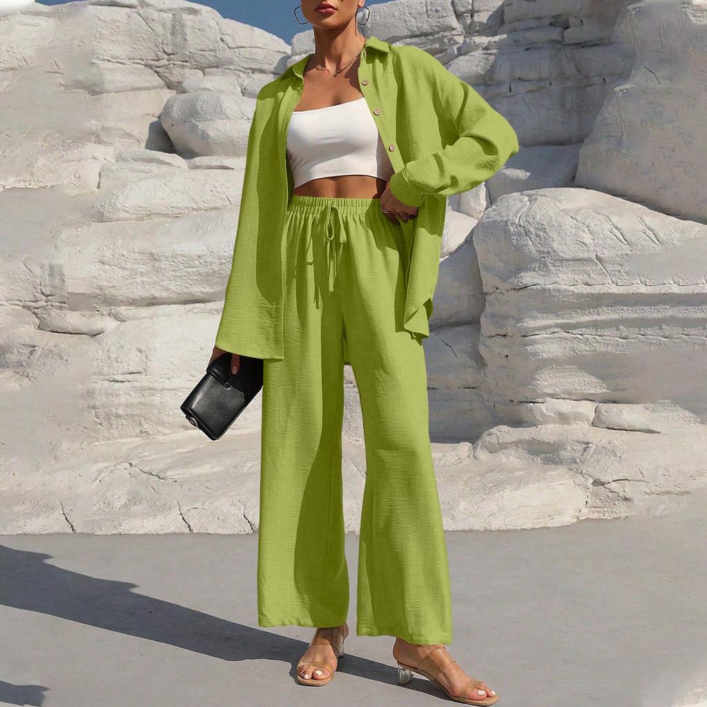 Women's Fashion Solid Color Long Sleeved Button Cardigan Top Elastic Waist Casual Pants Two-piece Set